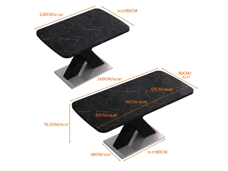  Table à manger extensible 120-160 x 80 cm, plateau mdf effet marbre noir, piètement en x avec base métal, table rectangulaire moderne  - Conforama E