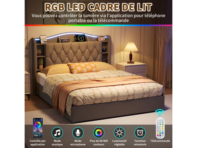 Kefsr lit coffre 140x190 cm en velours gris - lit adulte 2 places avec sommier relevable, éclairage led rgb, tête de lit avec rangement et prise usb charge sans fil - Conforama D