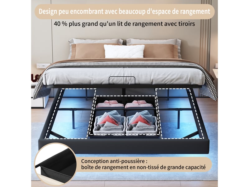 Lit flottant 160x200 cm avec led,lit double rembourré 160x200 cm ,lit de rangement,sommier à lattes,cadre de lit,pu,noir - Conforama E