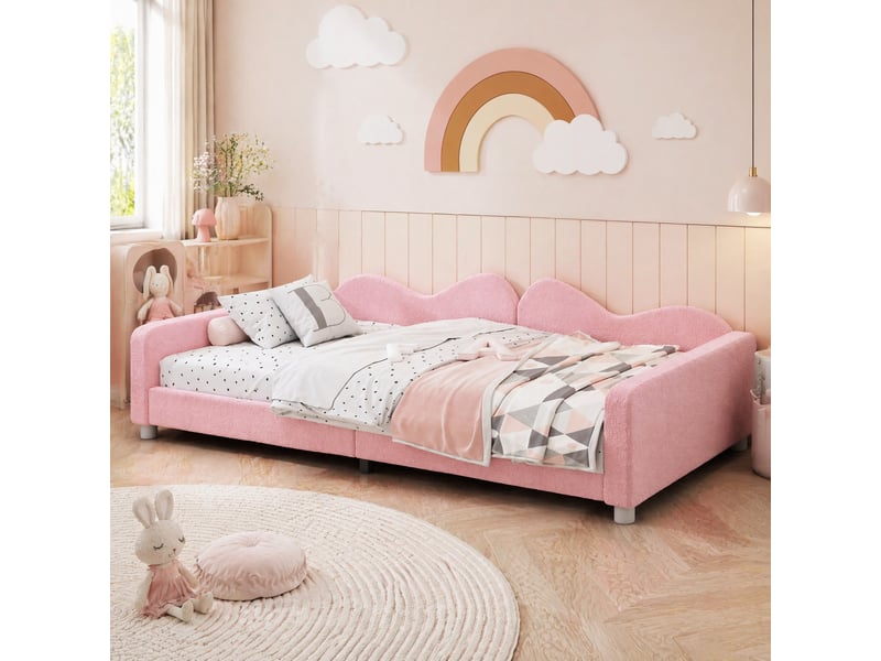 Lit enfant convertible en canapé 90x200 cm en tissu teddy rose - Conforama D