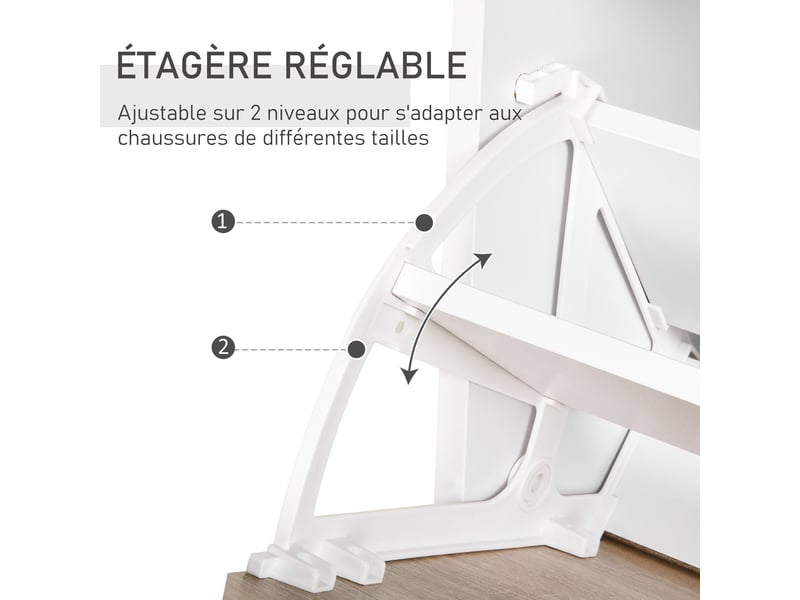  Armoire à chaussures meuble rangement chaussures 2 portes abattantes 2 compartiments, plateau en verre - bois chêne blanc, tiroir  - Conforama E