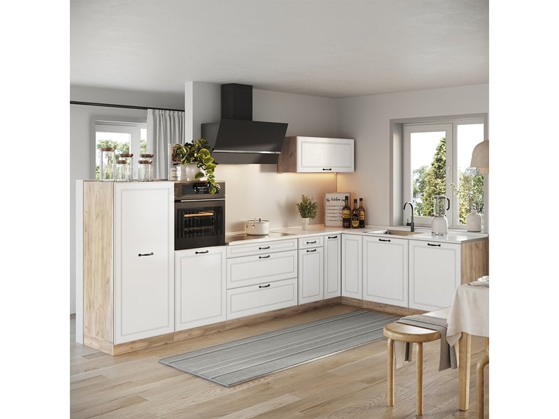  Vicco cuisine en angle, blanc campagnechêne doré, 347 x cm plan de travail marbre  - Conforama C