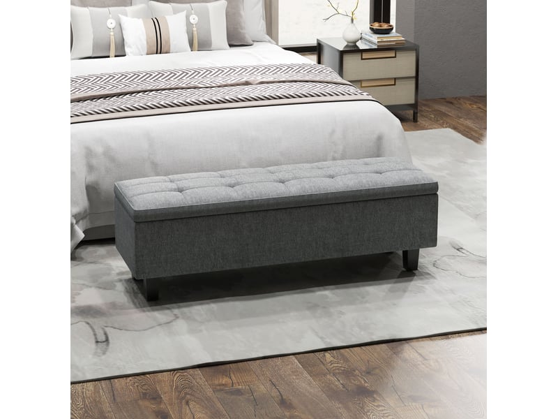  Banc coffre 138x40x45 cm, rangement sous assise, tissu aspect lin, meuble chambre et salon, pieds en bois, gris foncé  - Conforama B