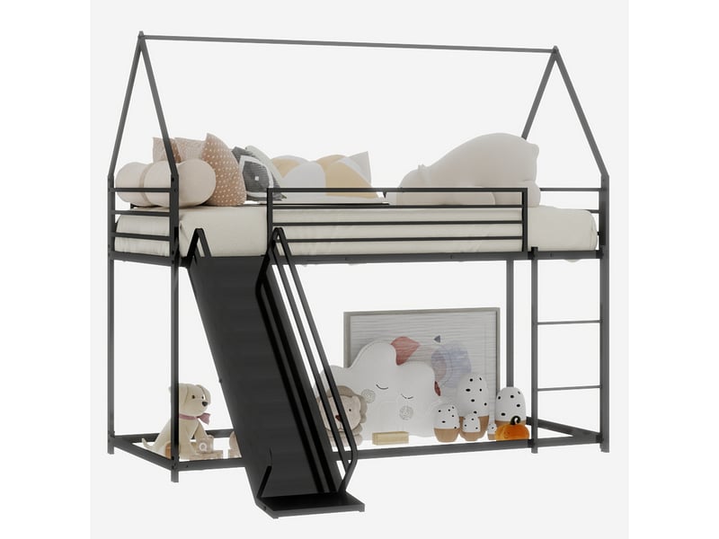  Lit superposé enfants 90x190cm maison avec toboggan garde-corps solide métal 1 sommier noir sans matelas  - Conforama E