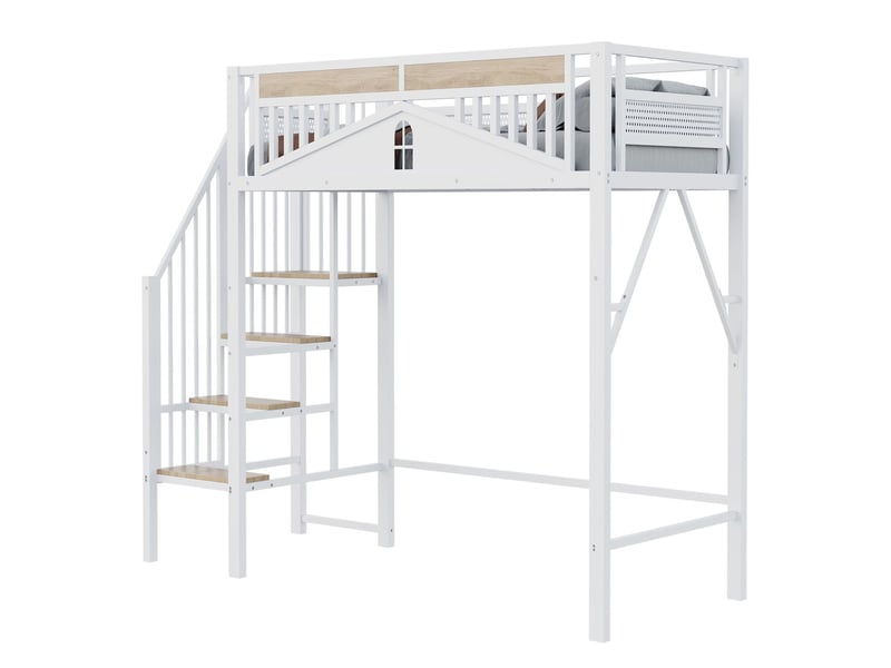  Lit mezzanine 90x200, sécurisé avec rambarde fenêtre et bureau sous le lit lit mezzanine avec escalier  - Conforama E