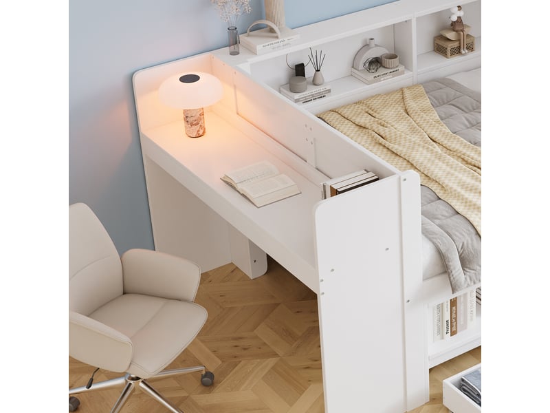  Lit avec rangement 120 × 200 cm, bureau latéral, 2 tiroirs, armoire et niches ouvertes, structure en pin et mdf, blanc  - Conforama E