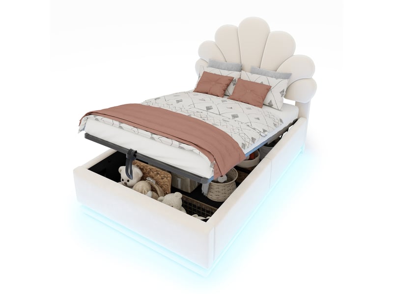  Lit coffre rembourré 90x200 cm coloris beige led velours  - Conforama A
