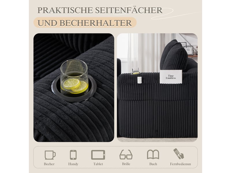  Canapé 2 places en velours côtelé noir avec porte-gobelets intégrés et poches latérales 158 cm  - Conforama R