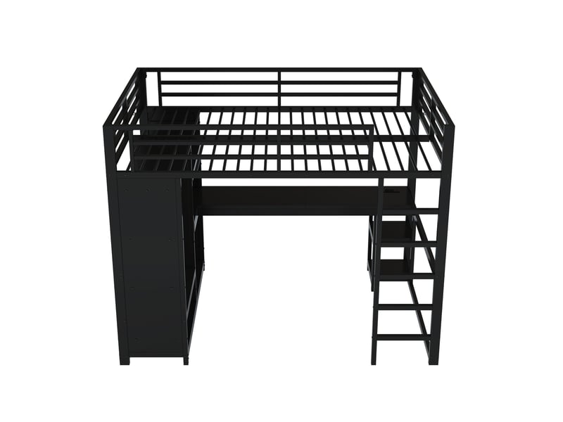 Lit mezzanine gaming 140x200 cm noir, avec bureau, led, rangements, penderie ouverte, structure métal, sommier inclus, sans matelas - Conforama E