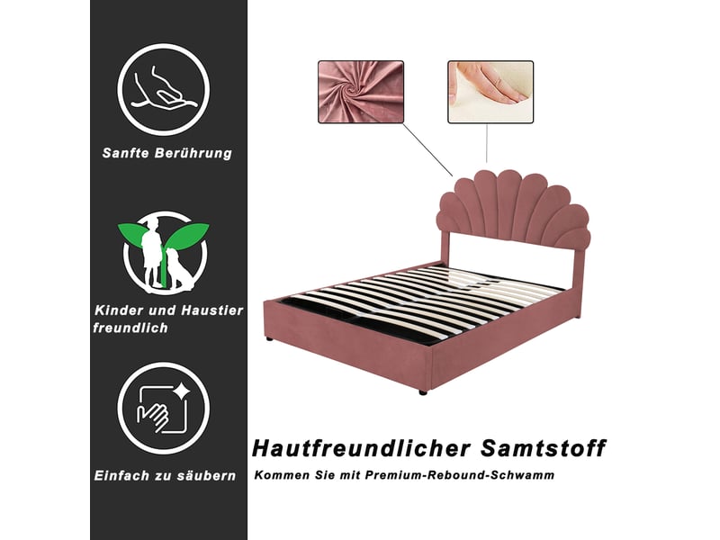 Lit coffre enfant 140x200 cm, espace de rangement, tête de lit réglable, sommier, velours rose, sans matelas - Conforama D