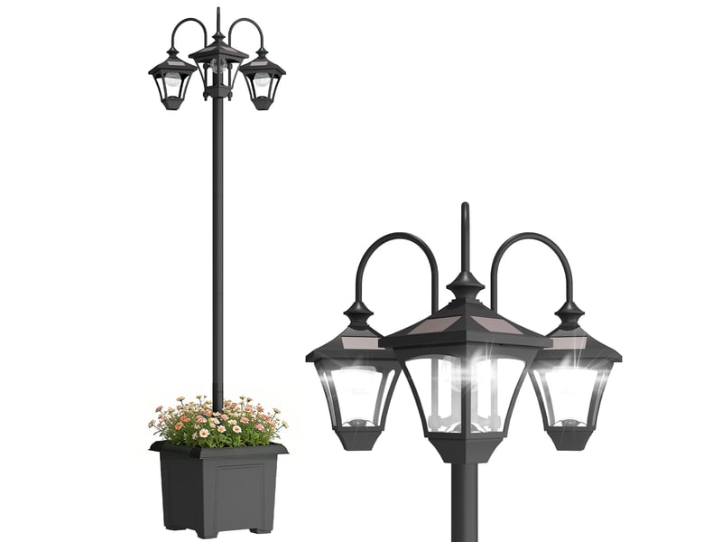  Lampadaire solaire avec pot de fleurs, hauteur réglable jusqu'à 185 cm, lanterne de jardin extérieure à 3 têtes d'éclairage, contrôle de la lumière  - Conforama B