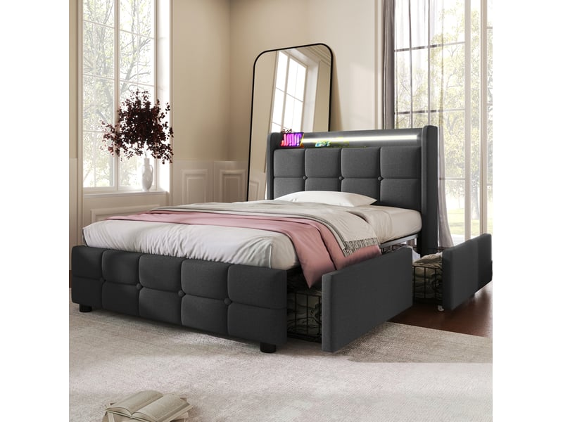  Modenvie lit simple 90x200 cm - led, prises et usb, 2 tiroirs, avec matelas - gris  - Conforama E