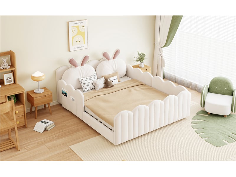  Lit enfant rembourré 140 x 200 cm, coussins lapin, barrières latérales, sommier 12 lattes inclus, mdf et contreplaqué, revêtement velours, beige  - Conforama E