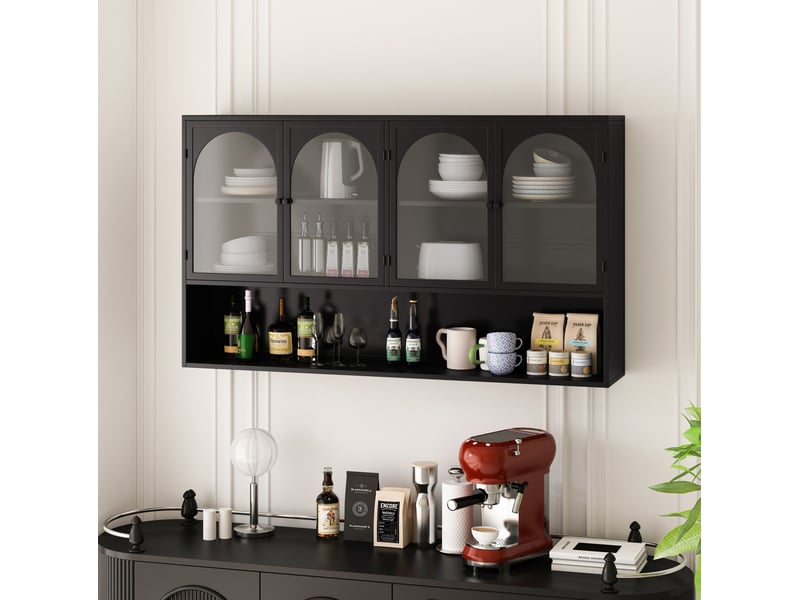 Armoire murale avec 4 portes en verre gris, rangement vertical pour cuisine, salon et salle de bain, noir, 120 × 23 × 70 cm - Conforama B