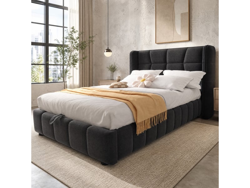  Lit avec coffre, 90x200 cm, lit simple, solution de rangement caché, cadre, effet, métal et tissu et lin, coloris gris  - Conforama B