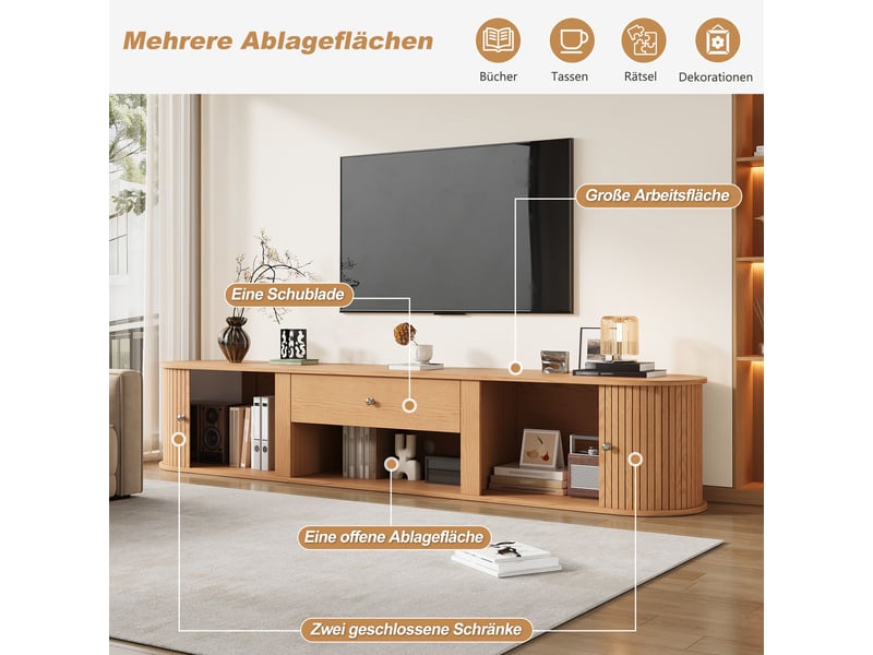  Meuble tv 180 cm avec rangement, 2 portes roulantes et tiroir, design bois avec rayures verticales, pour tv jusqu'à 75 pouces  - Conforama D