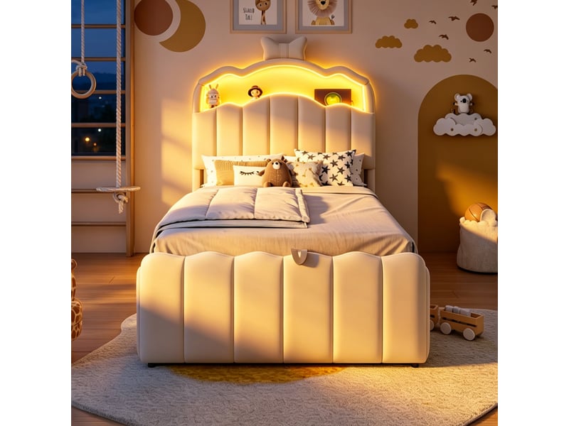 Lit coffre 90x200 cm - lit 1 place enfant avec rangement hydraulique, tête de lit led, usb et usb-c - velours - beige - Conforama R