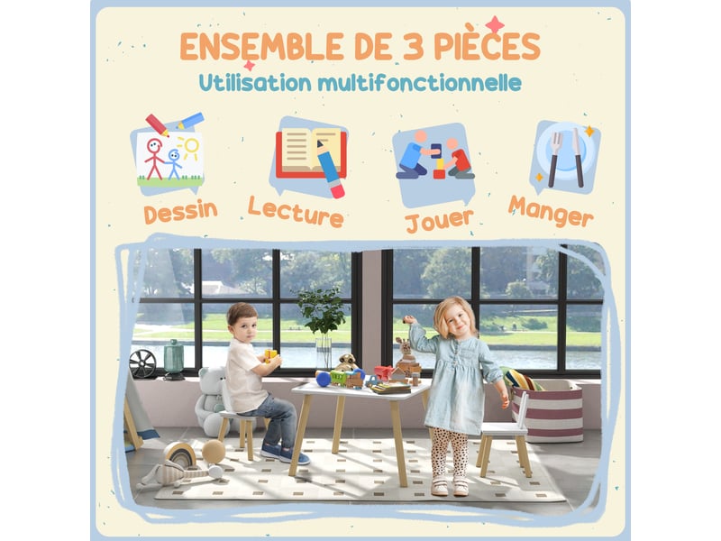  Ensemble table et 2 chaises enfant design scandinave motif oreille de lapin bois pin blanc  - Conforama E