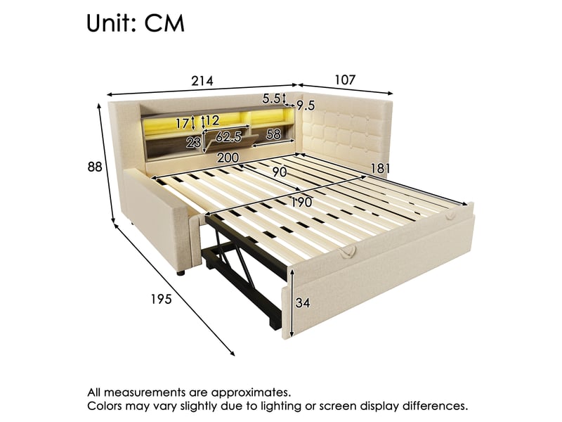  Lit gigogne 90x200 capitonné en lin beige avec led et ports usb - rangement intégré et sommier inclus  - Conforama C