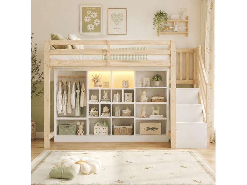  Lit mezzanine en bois 90 x 200 cm avec rangements, armoire, échelle et led, blanc bois  - Conforama D
