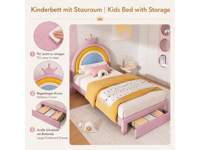  Lit enfant rembourré 90x200cm, tête de lit couronne arc-en-ciel réglable sur 2 hauteurs, tiroir au pied, charge max. 150kg, similicuir pu rose evarich - Conforama D