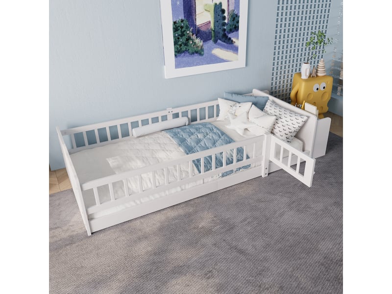  Lit enfant 90x200 cm, lit en bois de pin blanc avec barrière de sécurité, armoires de rangement et étagères, sans matelas  - Conforama D