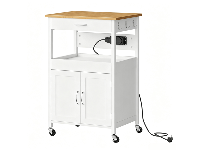 Desserte de cuisine avec 1 tiroir, étagère, meuble 2 portes, prises et roulettes, blanc effet bambou 60 × 45 × 92 cm - Conforama A