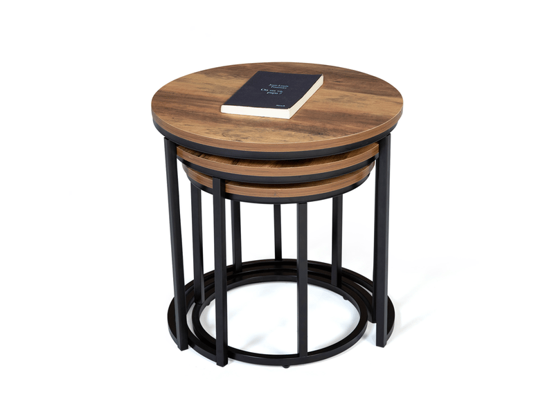 Lot de 3 tables basses gigognes hawkins rondes 30-40-45 bois foncé design industriel  - Conforama C