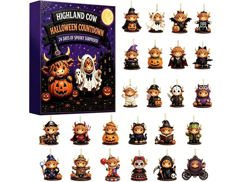  Calendrier de l'avent halloween 2026 highland cow – 24 ornements 2d surprises, vaches costumées, pour enfants et collectionneurs  - Conforama A