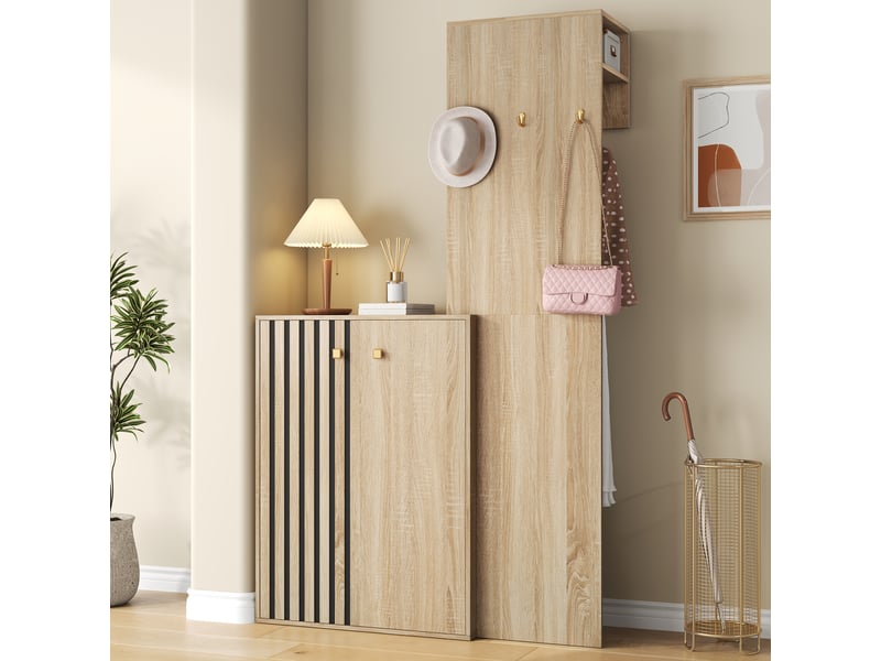 Vestiaire d’entrée avec meuble à chaussures et étagères réglables - lpospi - porte-manteaux mdf naturel - Conforama C