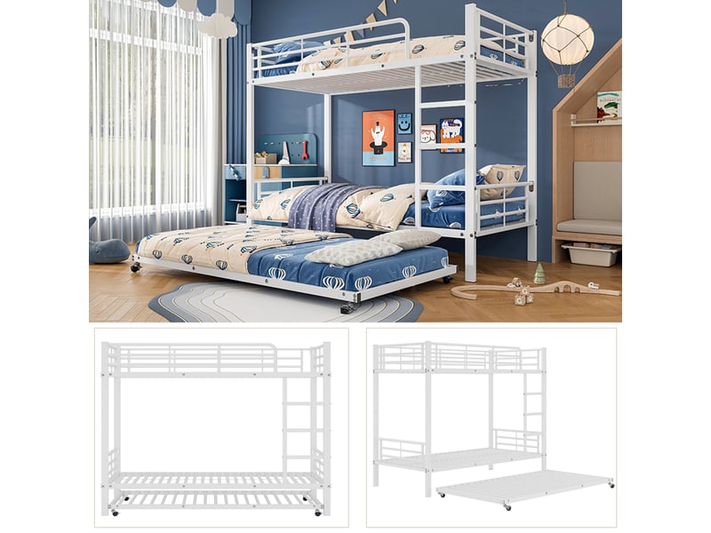 Lit superposé enfant 3 places 90×200 cm et lit gigogne 90×190 cm, échelle et barrières - sans matelas, métal - blanc - Conforama E