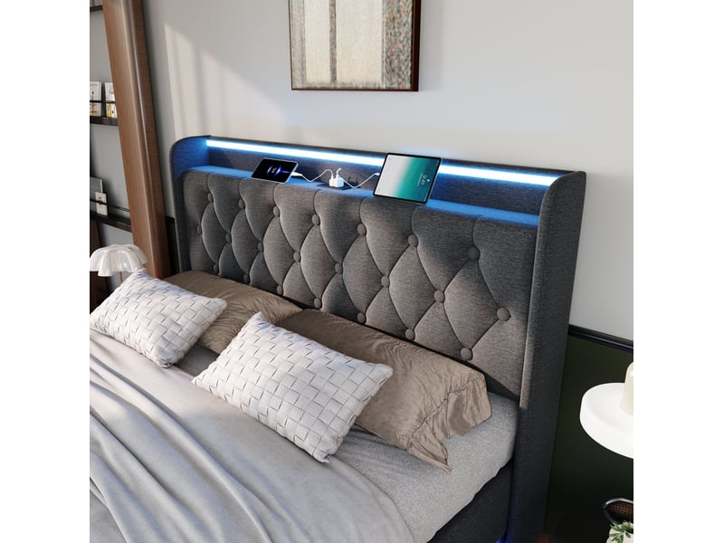  Lit coffre 140 × 200 cm 2 places avec led 360°, usb et type-c, rangement hydraulique, matelas inclus, tissu gris  - Conforama E