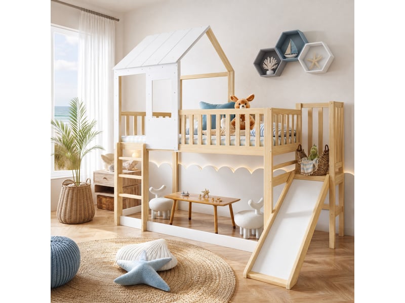  Lit superposé enfant 90 x 200 cm avec toboggan, toit et échelle, naturel blanc  - Conforama B