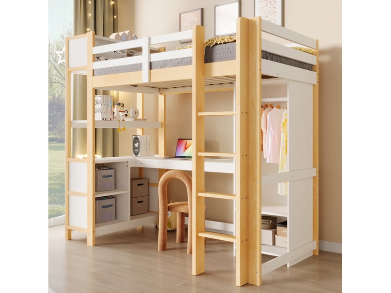  Lit mezzanine enfant 90x200 cm avec bureau, rangements et penderie naturel et blanc  - Conforama E
