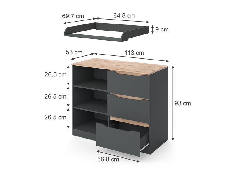  Vicco commode à langer, anthracitechêne artisan, 113x93cm avec 3 tiroirs  - Conforama B