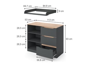 Vicco commode à langer, anthracitechêne artisan, 113x93cm avec 3 tiroirs
