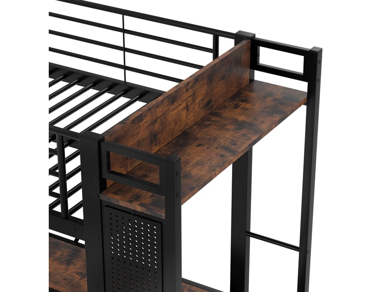  Lit mezzanine enfant 90x200 cm avec bureau, penderie, 4 tiroirs, tablettes et led, mdf et métal, noir, sans matelas  - Conforama R