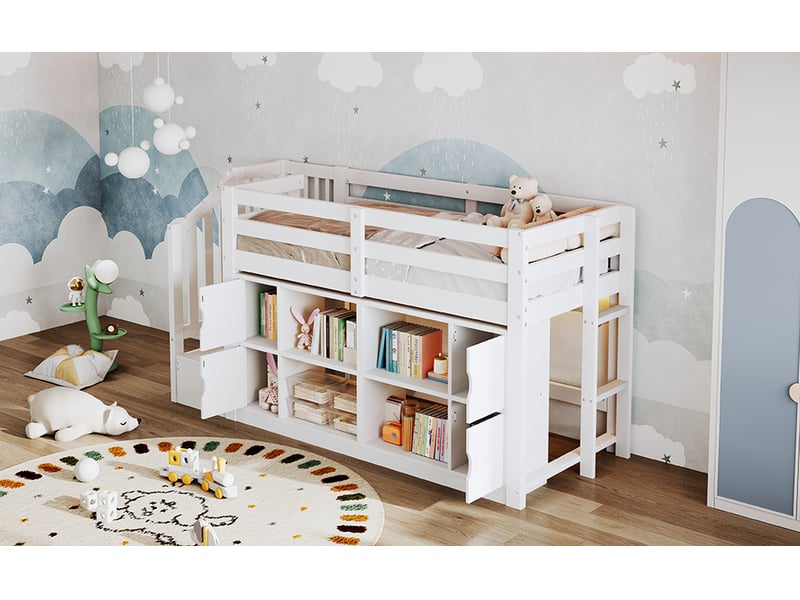 Lit mezzanine 90 × 200 cm, escalier-rangement, armoires, led et garde-corps hauts, pin, mdf et contreplaqué, blanc - Conforama B