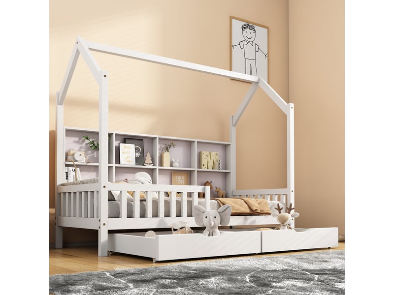  Lit cabane enfant 90x200 cm, bibliothèque, niches de rangement, 2 grands tiroirs, forme cheminée Fay Lum - Conforama D