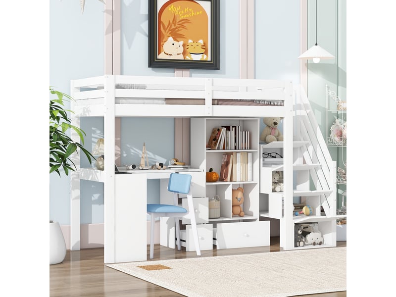  Lit mezzanine 90x200 cm avec bureau, tiroirs et rangement bois et mdf blanc sans matelas  - Conforama D