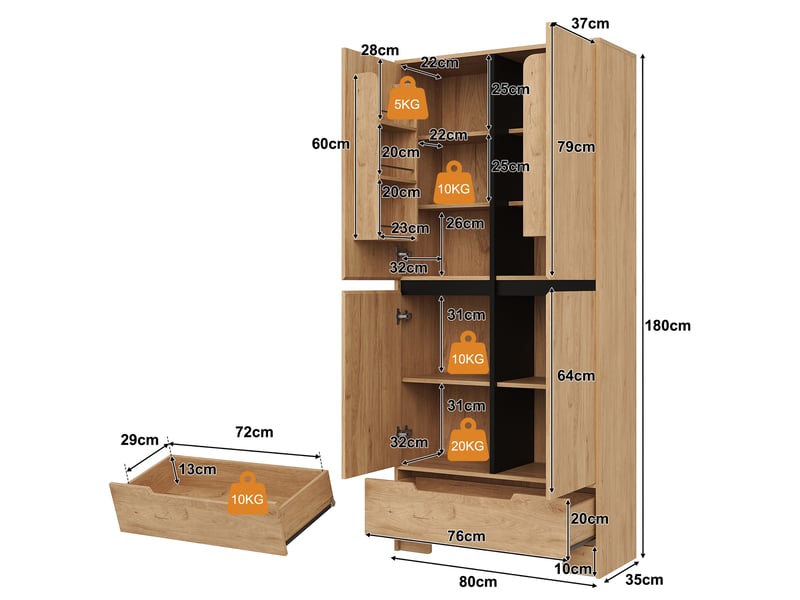  Buffet haut 80x35x180 cm naturel avec grand tiroir, rangements de porte et étagères réglables Fay Lum - Conforama C
