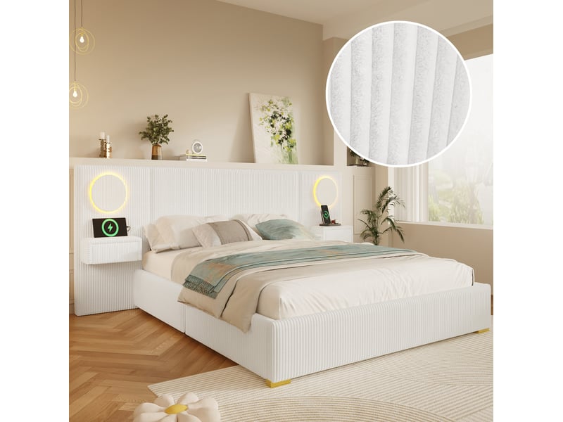  Lit rembourré 180 × 200 cm 2 places avec led réglable, usb, tiroirs de chevet, sans matelas, velours beige  - Conforama B