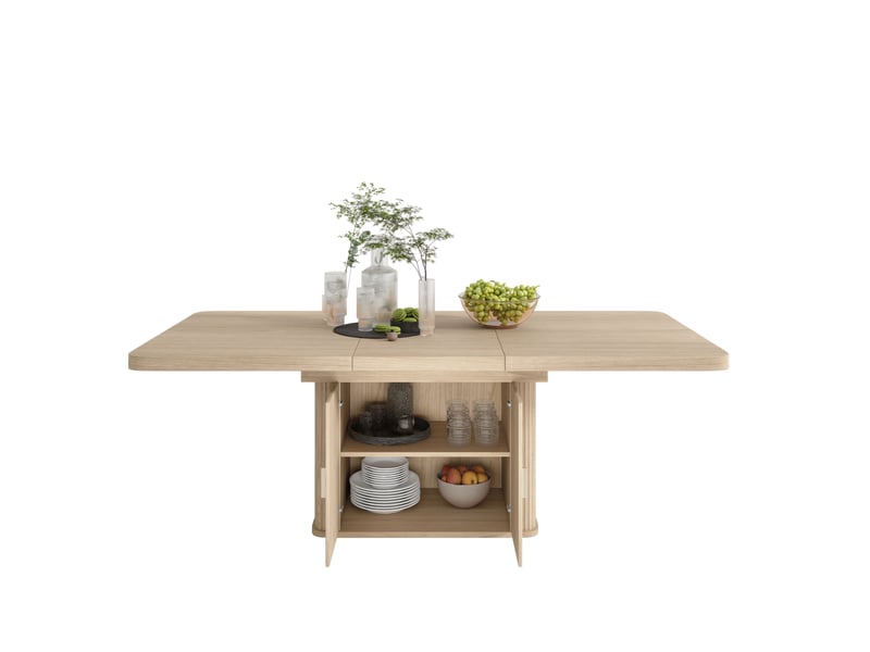  Table de salle à manger extensible pour 6 à 8 personnes avec rangement intégré, plateau épais en mdf coloris chêne  - Conforama A