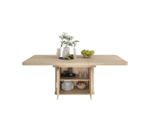 Table de salle à manger extensible pour 6 à 8 personnes avec rangement intégré, plateau épais en mdf coloris chêne