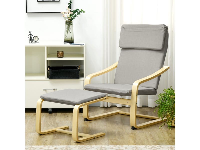  Fauteuil lounge avec repose-pieds, revêtement aspect lin, structure en bois, jusqu'à 120 kg, gris clairnaturel  - Conforama C