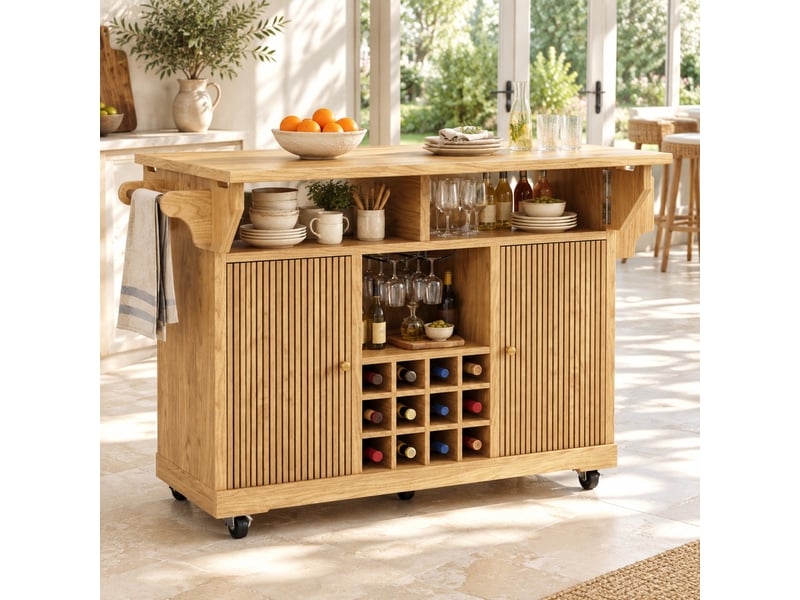  Desserte de cuisine mobile 142,5 x 80 x 95 cm avec plateau rabattable, marron naturel  - Conforama B