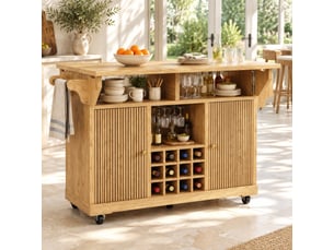 Desserte de cuisine mobile 142,5 x 80 x 95 cm avec plateau rabattable, marron naturel