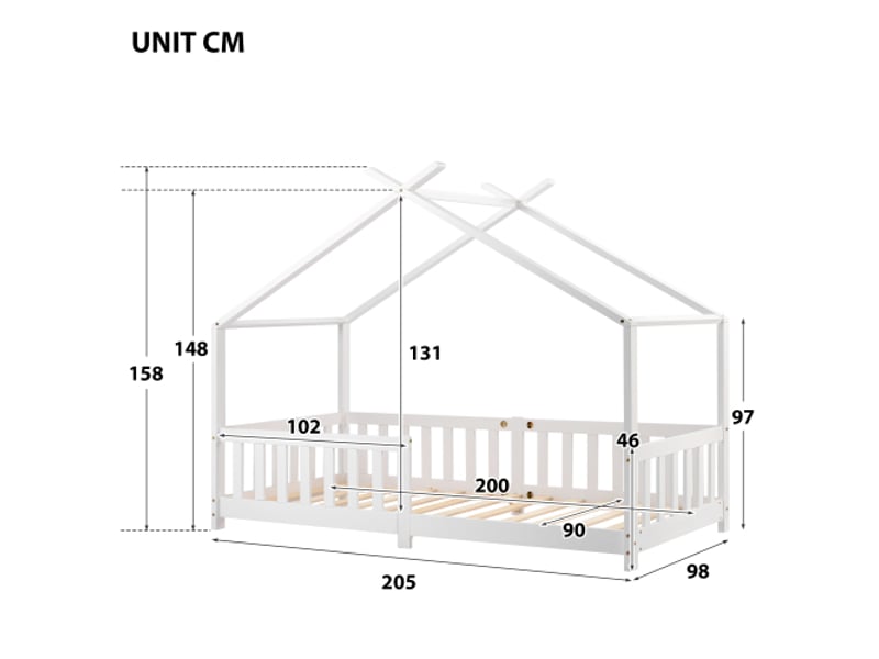 Lit cabane 90x200 cm, lit enfant avec peotection antichute et sommier à lattes, en bois, blanc, sans matelas - Conforama D