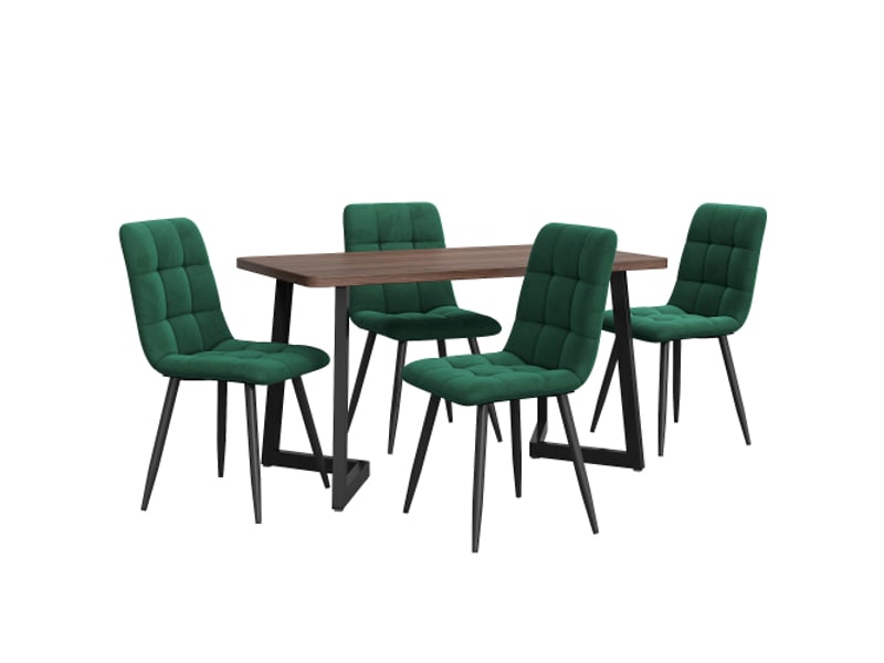  Ensemble salle à manger 5 pièces: table moderne et 4 chaises velours vert foncé, plateau mdf noyer, pieds noirs en métal  - Conforama A