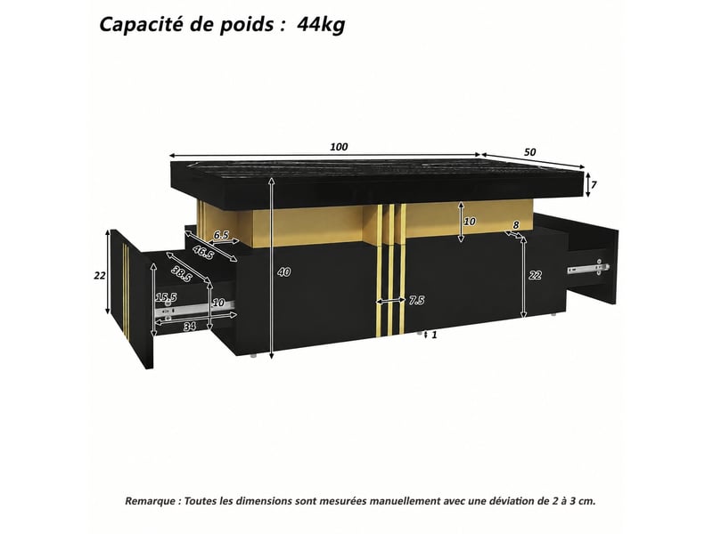 Table basse noire rectangulaire avec 2 tiroirs, effet marbre brillant, 100 x 50 x 40 cm, noir et doré - Conforama E